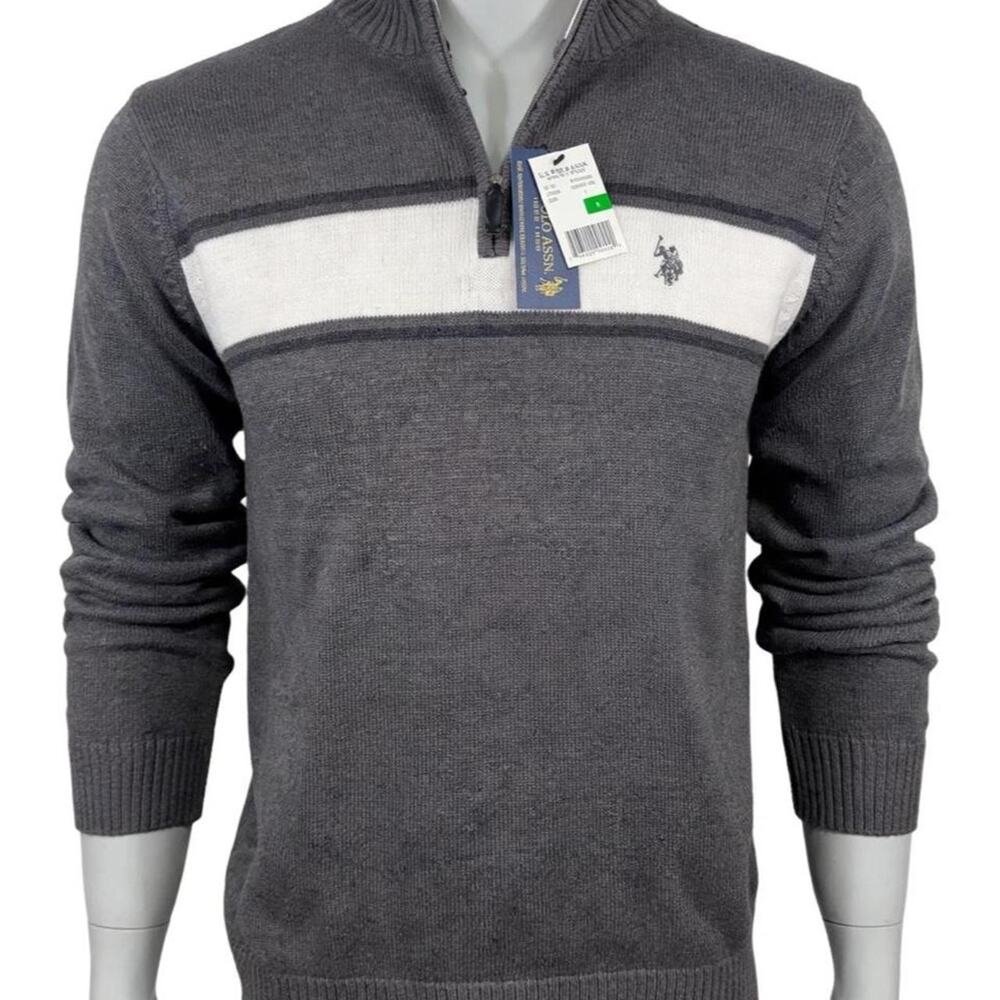 U.S. Polo Assn Sweater Mens L Granite White Stripe 1/4 Zip Mock Neck  NWT